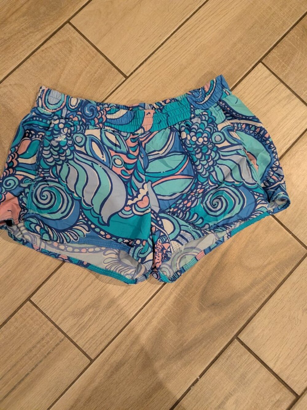Lilly Pulitzer Luxletic Shorts — Ocean Shell Swirl Print, Blue/Teal/Coral, Size